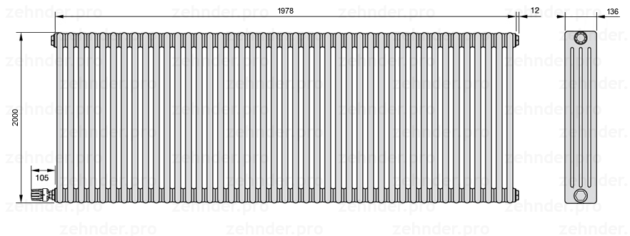 Схема (чертеж) Радиатор Zehnder Charleston 4200/43 №V003 Белый глянцевый RAL 9016